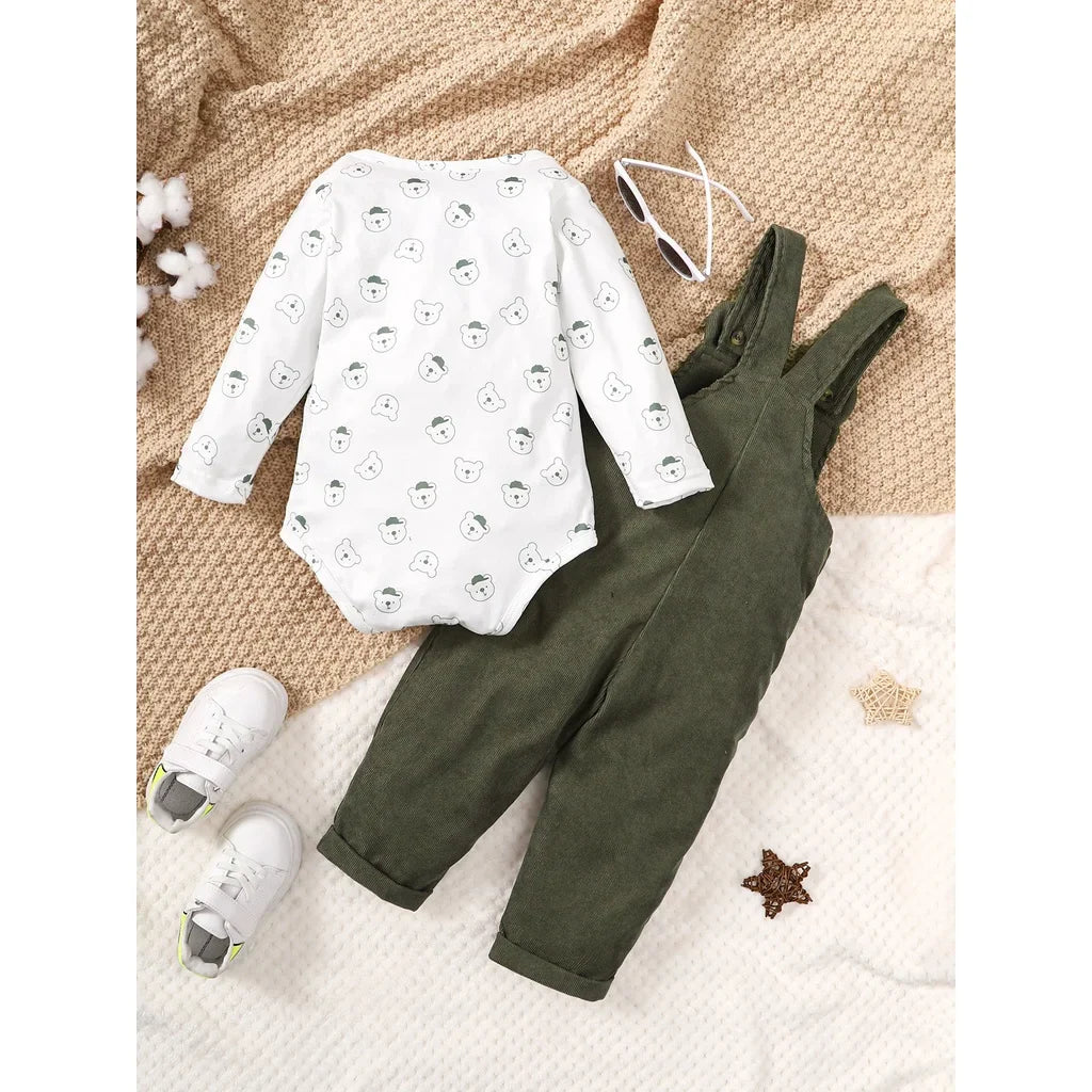 3-24 Months Toddler Baby Boy and Girl 2pcs Clothes Set Bear Print Bodysuit with Green Overall Fashion Cute Autumn&Winter Wear