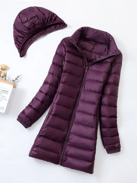 Women Hood Detachable Winter Puffer Jackets 2023 Ultra Light Hooded Duck Down Coats Fashion Office Lady Long Feather Parkas 7XL