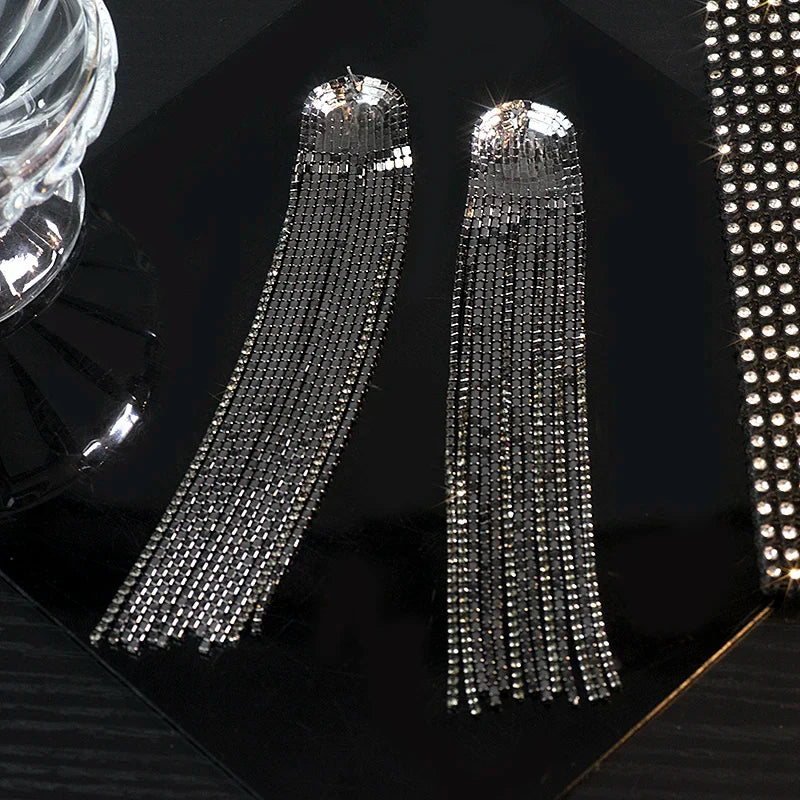 FYUAN Long Tassel Full Rhinestone Drop Earrings for Women Long Black Crystal Dangle Earrings Fashion Jewelry Accessories