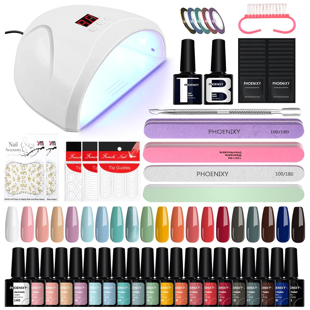 PHOENIXY Gel Nail Polish Set with 36W Nail Lamp Semi Permanent UV Gel Varnish Base Top Coat Complete Nail Art Gel Polish Kit