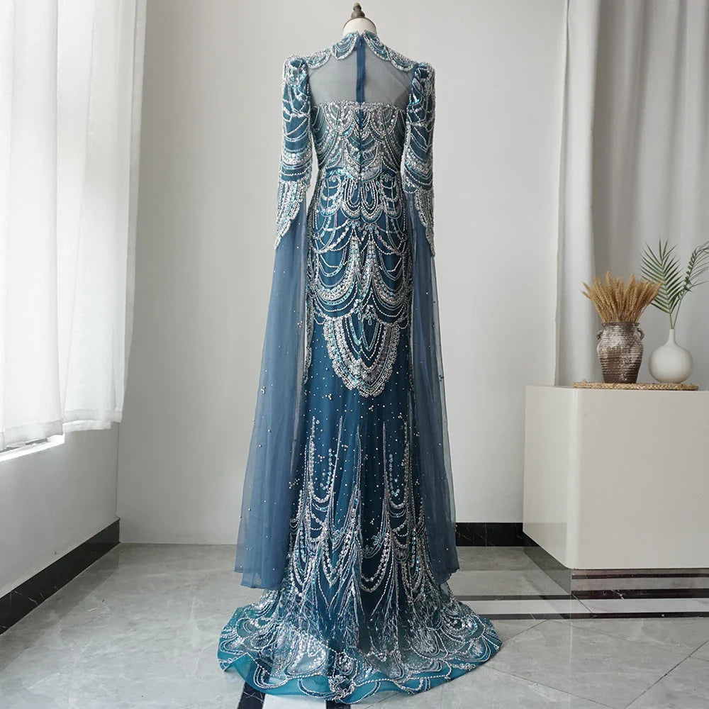 Hot Sale  Arabic Blue Mermaid Lace Beaded Formal Occasion Evening Dresses With Cape For Woman Wedding Prom Party Gowns LA72033