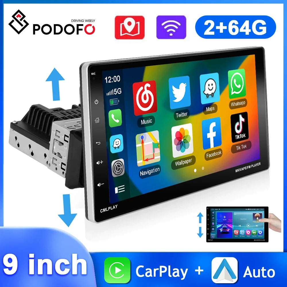 Podofo 9'' 1Din Android Car Radio Carplay Android Auto Automotive multimedia 2+64G Intelligent Car System Car Stereo