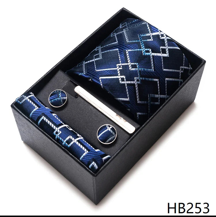 Luxurious Dropshipping 8 cm Birthday Gift Silk Tie Hanky Pocket Squares Cufflink Set Tie Clip Necktie Box Geometric