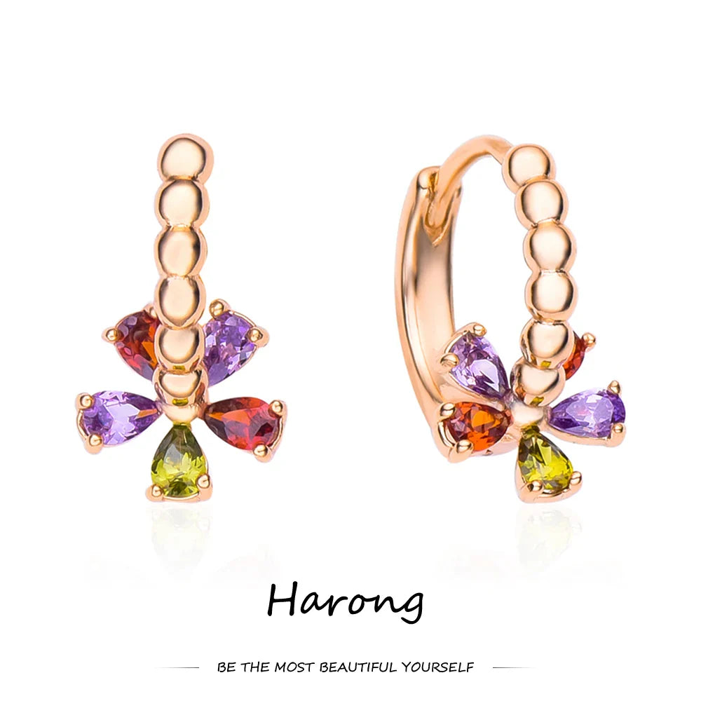 Harong Luxurious Copper Colorful Crystal Flower Hoop Earrings Women Girls Charm Aesthetic Jewelry Gift for Birthday Wedding