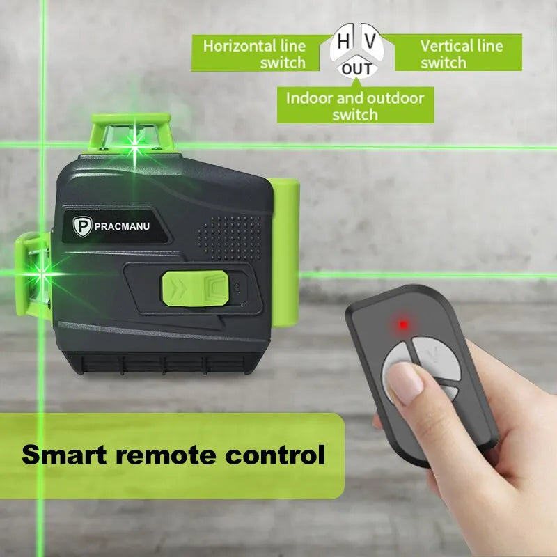 Pracmanu 12 Lines 3D Laser Level Self-Leveling Horizontal And Vertical Cross Line Super Powerful Green Beam