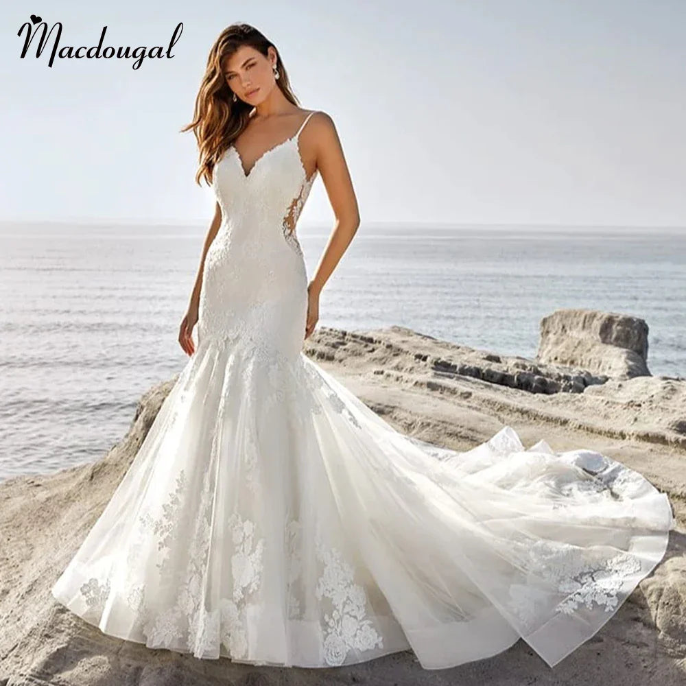 MACDUGAL Luxury Mermaid Wedding Dresses For Women Bridal Gown Spaghetti Straps Backless Tea-length Vestido De Novia Custom Made