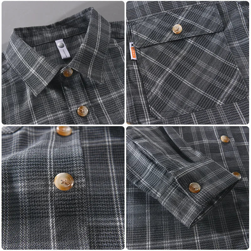 American Retro Men's Tooling Plaid Shirt Fashion Double Pocket Long Sleeve Casual Streetwear Male Cargo Blouses Tops