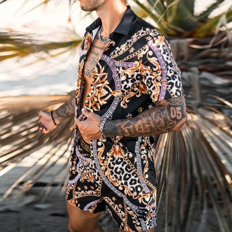 Men Hawaiian 2Pcs Sets Summer 3D Print Short Sleeve Shirt Beach Button Shorts Streetwear Shirt Holiday Men's Two Piece Suit