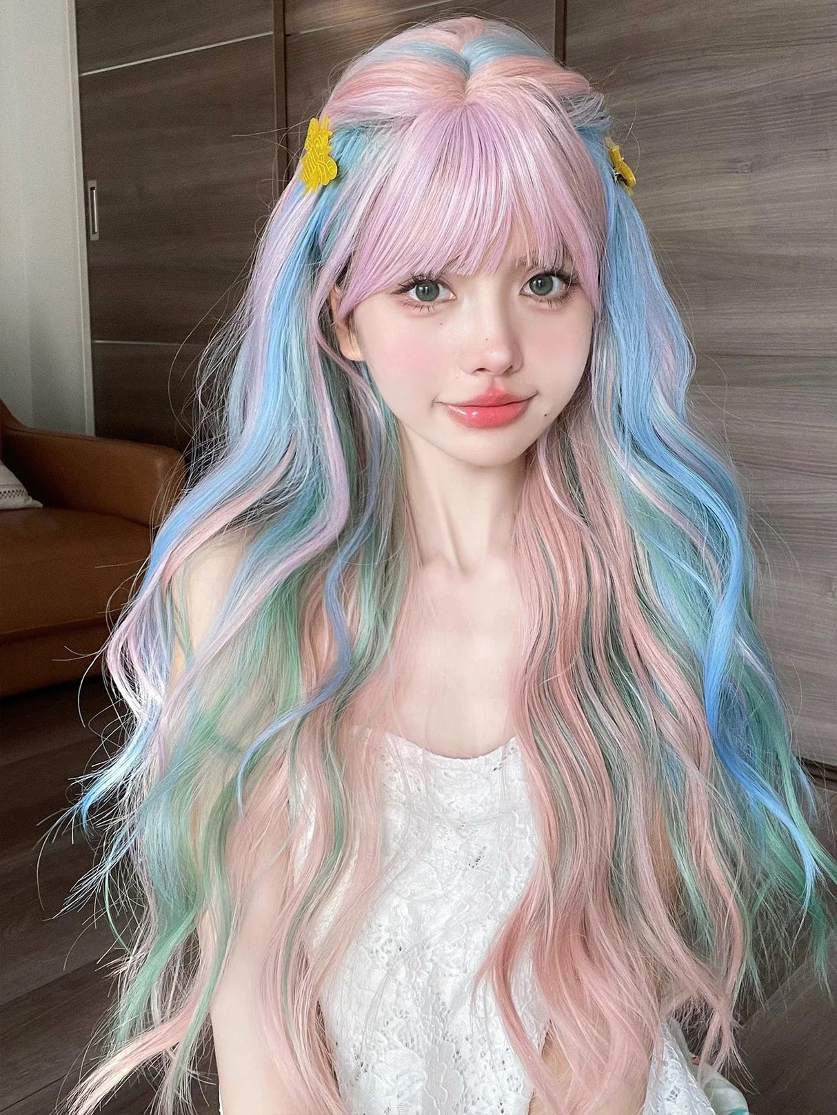 28Inch Iridescent Rainbow Color Multicolour Synthetic Wigs With Bang Long Natural Wavy Hair Wig For Women Cosplay Heat Resistant