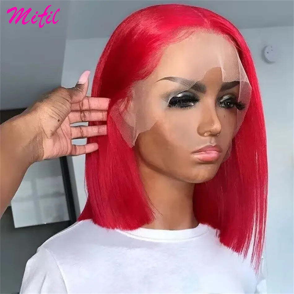 Burgundy Red Lace Front Human Hair Wigs For Women Pre Plucked HD Transparent Lace Straight Short Wigs Hot Red Bob Wig Glueless