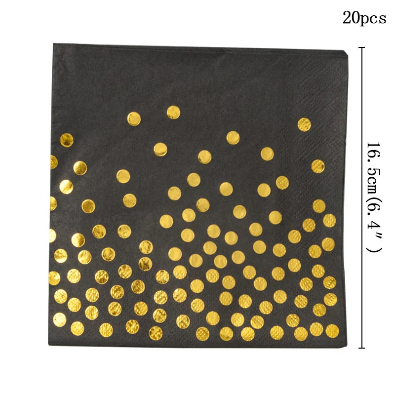 Black and Gold Party Supplies Polka Dot Plate Disposable Party Dinnerware Golden Spoon Fork Cup Tablecloth for Graduation