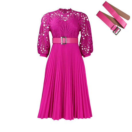 Plus Size Casual Elegant Fashionable Solid Color Party Evening Dress With Lace Hook Flower Sexy Hollow Out Pleated Dress