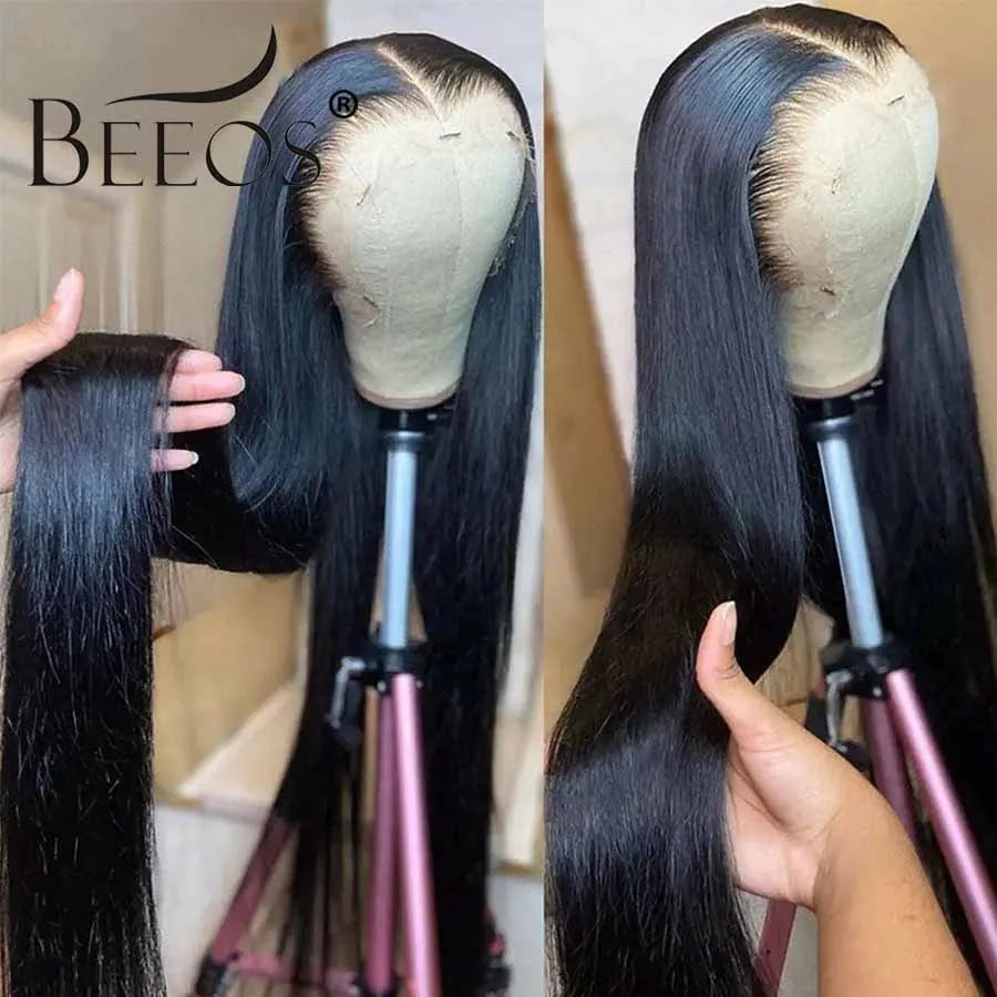 BEEOS 32in 250% Skinlike 13x6 HD Lace Frontal Human Hair Wigs Straight Pre plucked 5x5 HD Lace Closure Wig For Women Brazilian