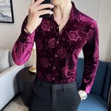 Men's Autumn Winter Velvet Flower Shirt New Luxury Printed Long Sleeved Casual Business Dress Shirts Formal Social Party Tuxedo