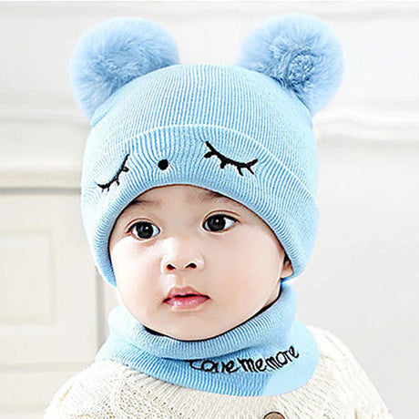 2Pcs/Set Autumn Winter Warm Baby Hat Scarf Set Solid Color Girl Boy Hats Embroidery Infant Toddler Beanies For Kids