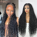 Boho Braided Lace Frontal Wig Wave Curly Goddess Locs Lace Front Braided Wig Pre-plucked With Baby Hair Synthetic Box Braids Wig