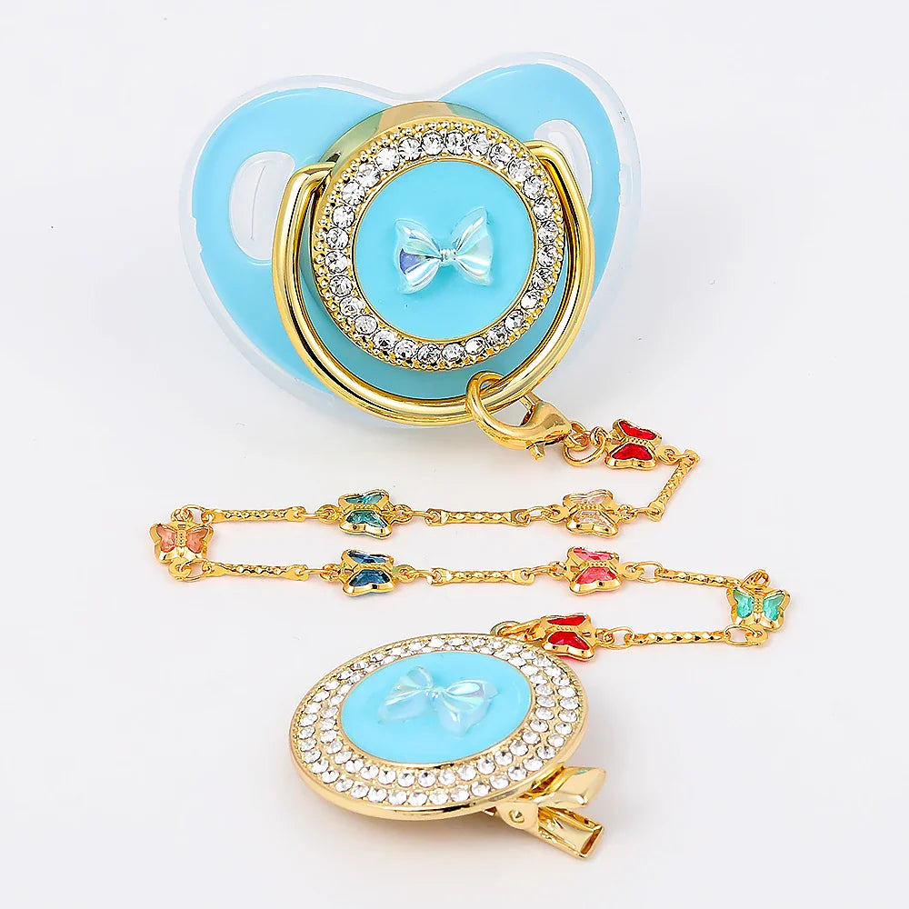 Luxury Baby Pacifi Cute Bow With Handmade Chain Clip Newborn Silicone Pacifier Gold Bling Infant Nipple BPA Free Baby Chupetero