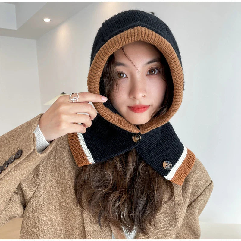 Balaclava Beanie Cap Winter One Piece Scarf Knit Hat Korean Hood Neckerchief Women Neck Collar Warmer Thickened Hooded Hats