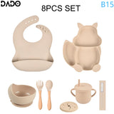 Baby Feeding Set Silicone Suction Bowls Divided Plates Straw Sippy Cup Toddler Self Eating Utensils Dishes Kit Bibs Spoons Fork