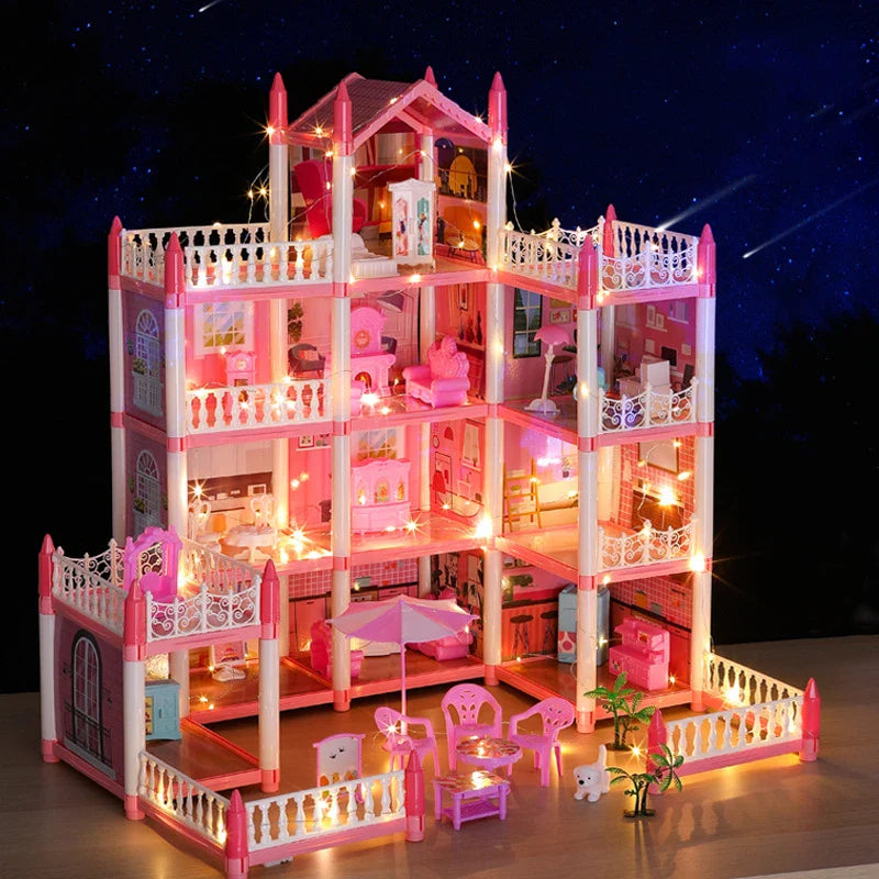 3d Assembly Diy Doll House Miniature Model Doll House Accessories Villa Princess Castle Led Lights Girl Birthday Gift Toy House