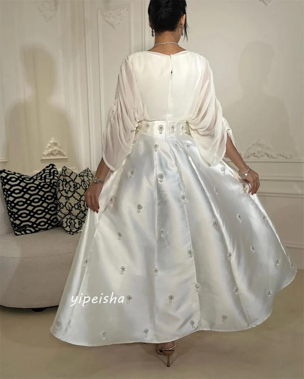 Prom Dress Saudi Arabia Satin Draped Applique Pleat Evening A-line V-Neck Bespoke Occasion Gown Long Sleeve Dresses