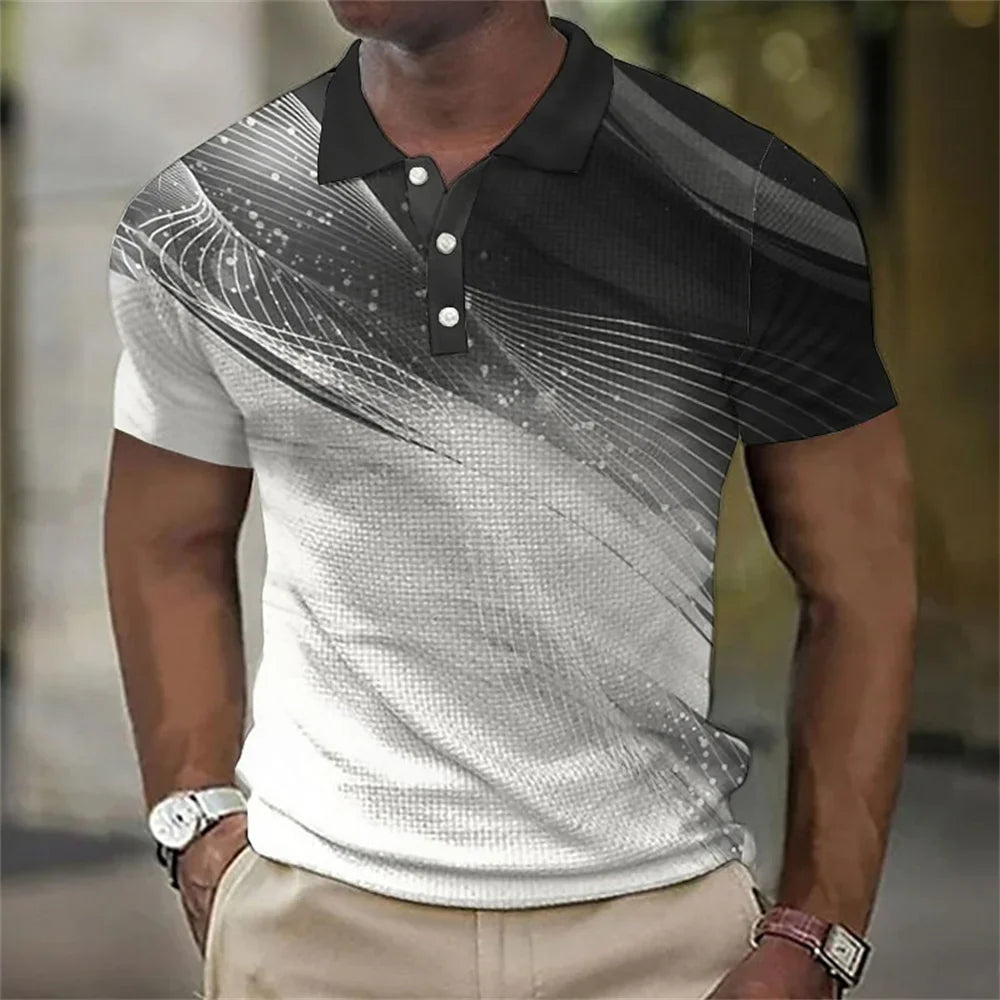 Fashion Men'S Polo Shirt Gradient Line Summer Short Sleeve TShirts Casual Daily Lapel Tops Tees Striped T Shirt For Man Clothing