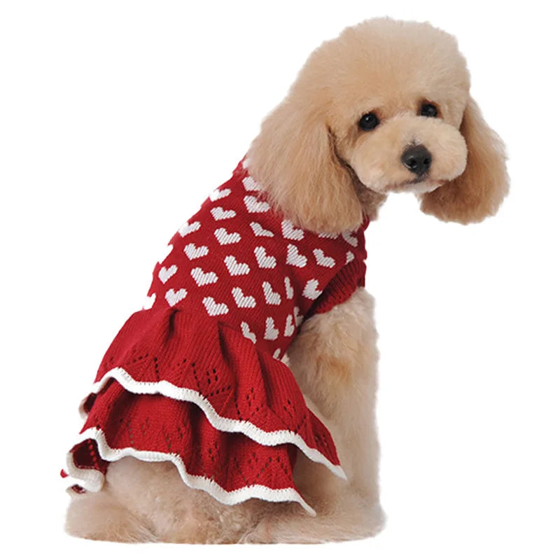 Pet Sweater Love Heart Red Skirt Round-neck Slim Pet Clothes Warm Knit Clothes for Dog Cat Holiday Clothes for Cat Dogs Apparels