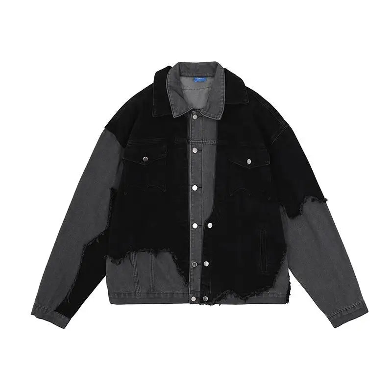 American High Street Washed Gray-black Stitching Pierced Denim Jacket Irregular Burr Long Sleeve Jacket Men