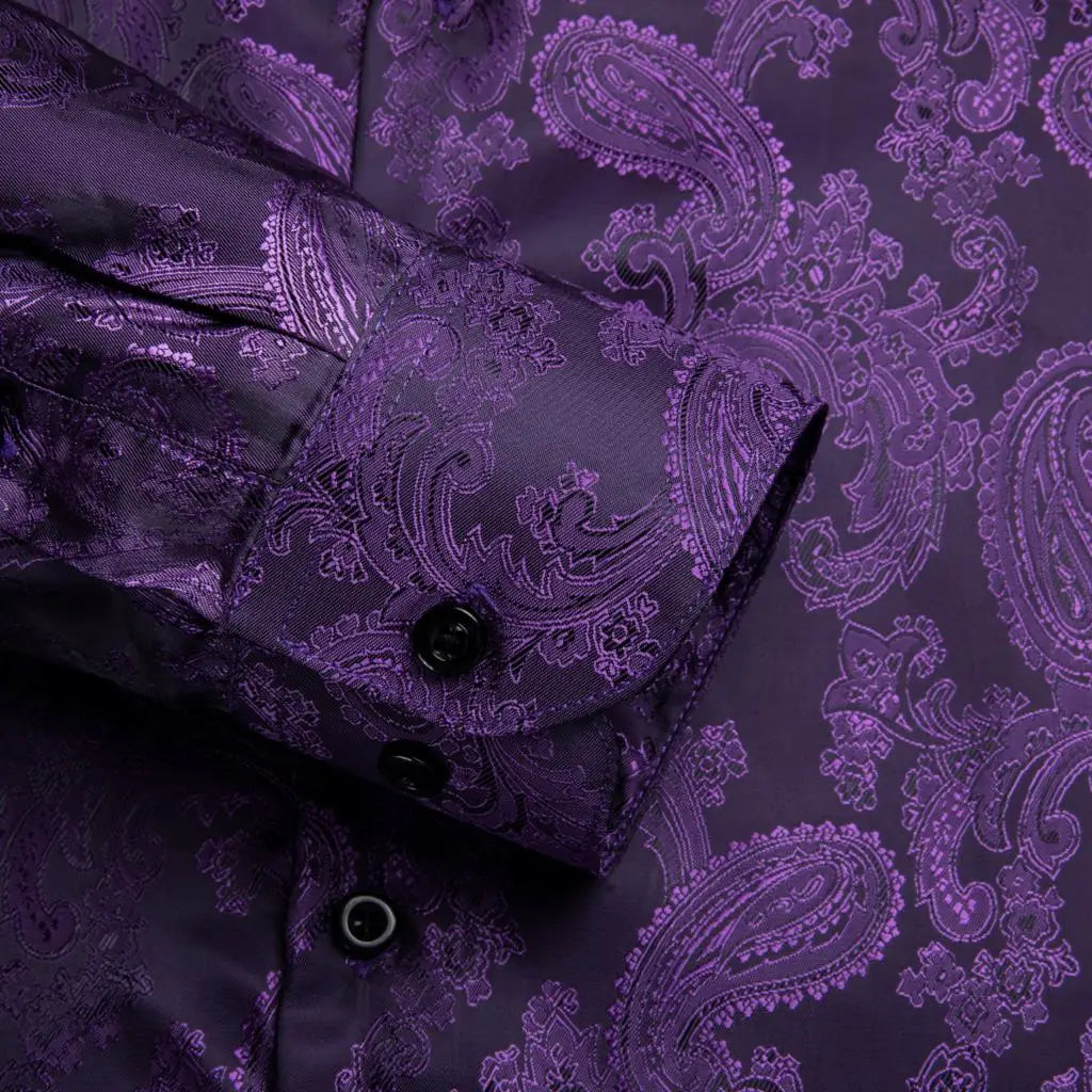 Lilac Mauve Lavender Purple Silk Mens Shirts Luxury Lapel Long Sleeve Dress Shirt Jacquard Blouse for Male Wedding Business Prom