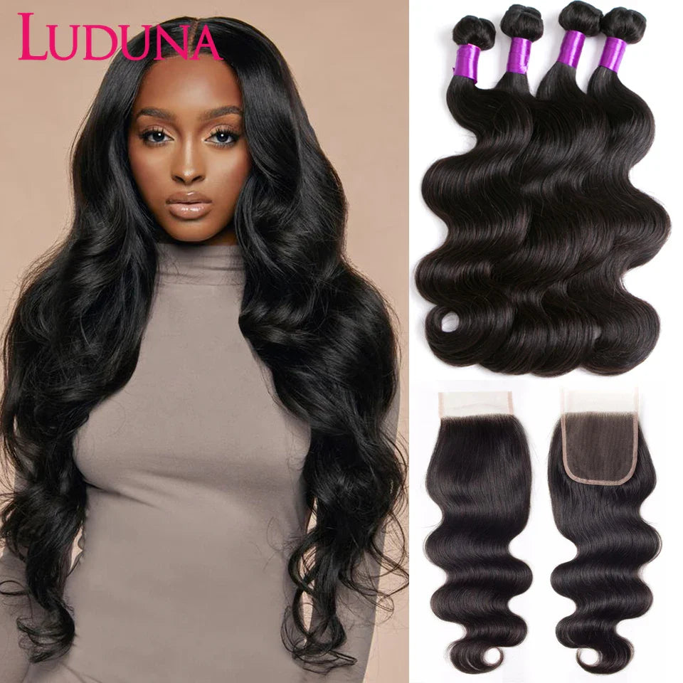 Ludana Body Wave Bundles With Closure Brazilian Bundles Human Hair With Closure  3/4Pcs Human Hair Bundles With 4x4 Lace Closure