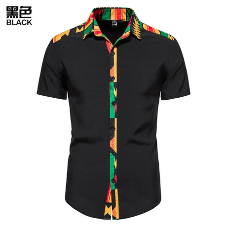 African Kente Print Shirt Short Sleeves Summer Men's 2023 Fashion Patchwork Button Turn Traditional Dashiki Casual Work Tops