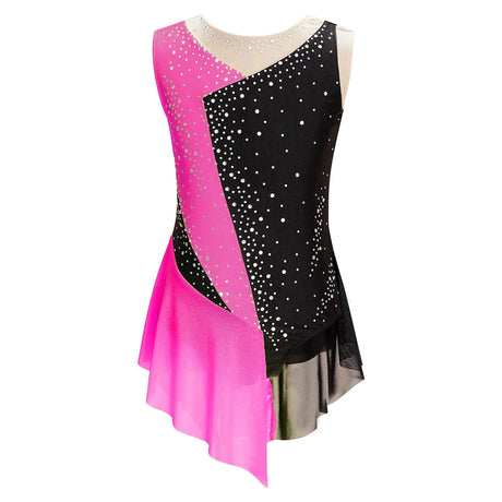 Kids Girls Figure Skating Dress Shiny Rhinestone Sheer Mesh Tutu Ballet Gymnastics Leotard Dress Ballroom Performance Dancewear