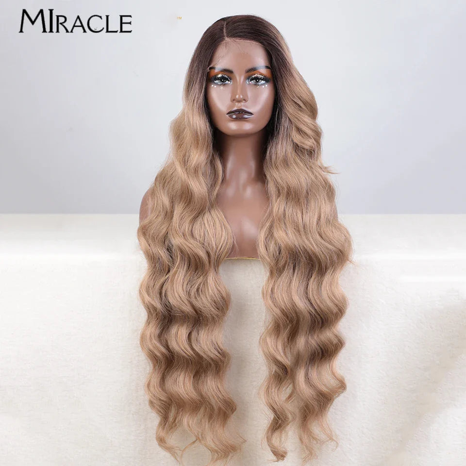 MIRACLE Synthetic Lace Front Wigs For Women Long Wavy 36 Inch Body Wavy Side Part Lace Front Wig Ombre Brown Blonde Cosplay Wig