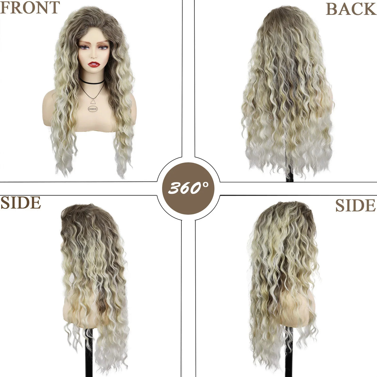 Synthetic Womens Wig Long Curly Hair Ash Blonde Wig Female Natural Wavy Dark Root Regular Wig 80s Brown Ombre Wig for Woman Girl