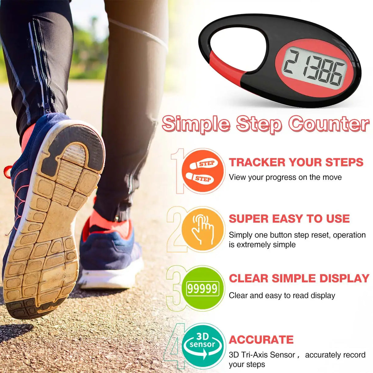 FITCENT 3D Pedometer for Walking Simple Step Tracker Counter with Large Digital Display for Men Women Kids Adults Seniors