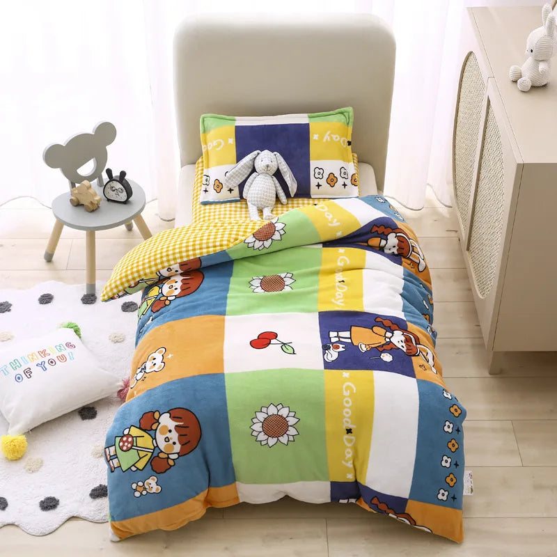 Baby Cartoon Print Bedding Set Duvet Covers Pillowcases Set Autumn Winter Warm Suede Bedclothes Bed Linen CP29
