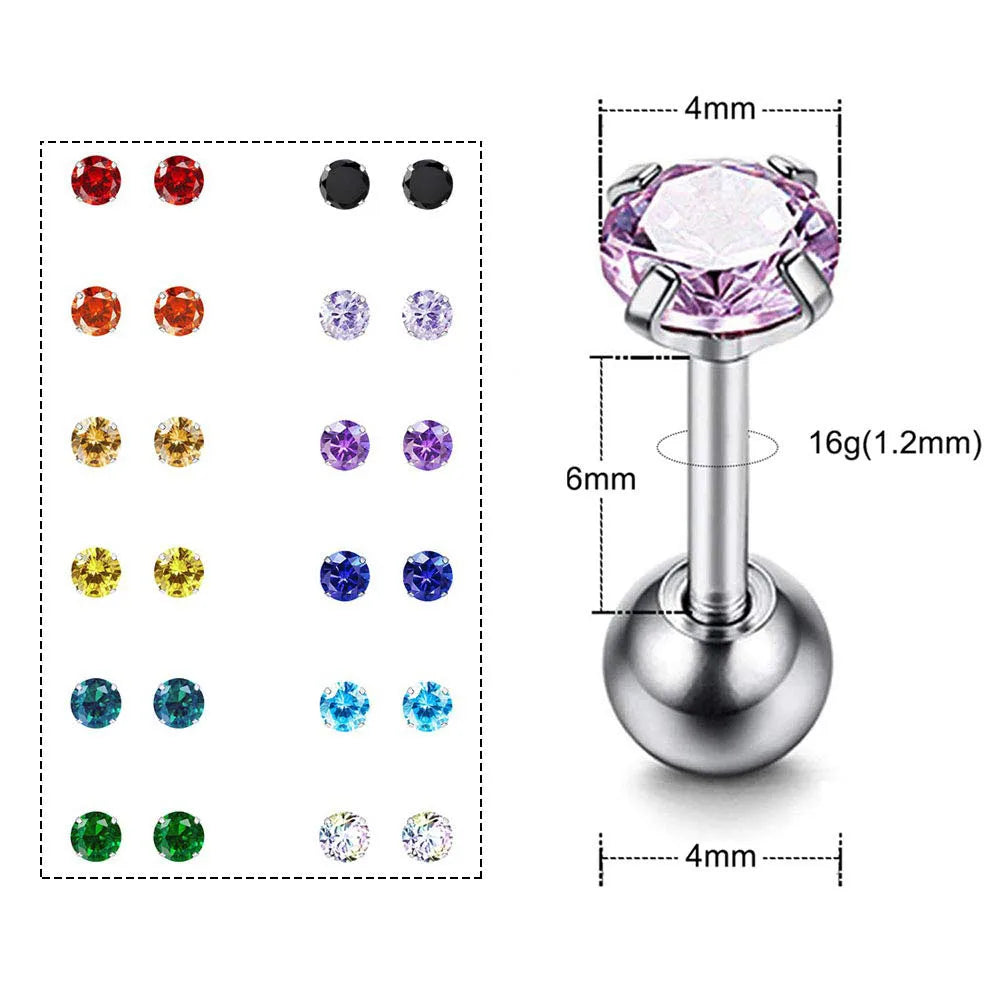 1 Pair CZ Ear Stud Mixed Colors Cartilage Earrings Set Stainless Steel Barbell Studs Earrings Helix Tragus Piercing 2-8mm