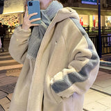 2023 Men Winter Sherpa Jacket Contrast Color Patchwork Fuzzy Coat Hooded Thick Warm Loose Fleece Streetwear Harajuku Parkas