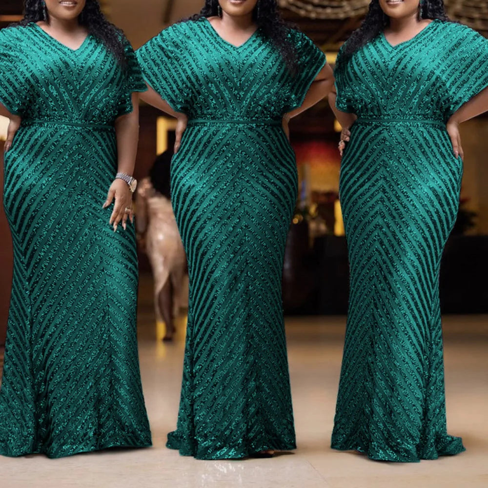 Plus Size Evening Party Dress For Women Elegant Wedding Dinner Formal Clothing Gold Simple Design Sequin Long Dresses Large Size