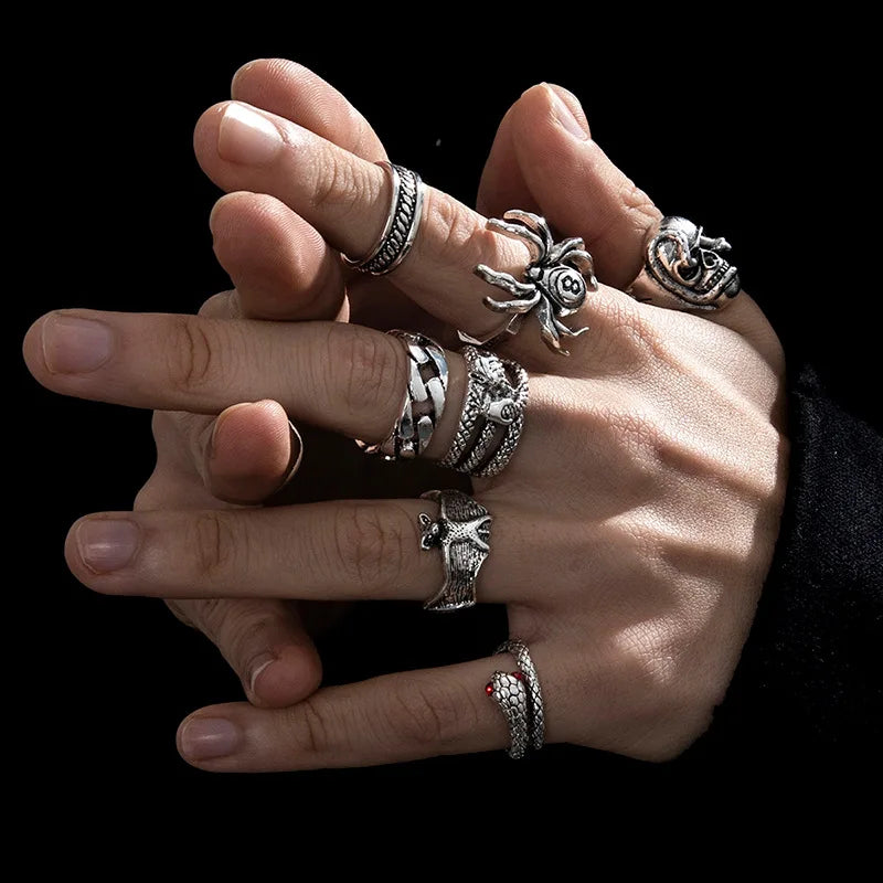 6Pcs Punk Poker Joker Silver Color Rings Set for Men Goth Skeleton Billiards Set Couple Emo Fashion Jewelry Anillos Hombre