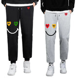 Men Women Spring Autumn Pants Heart Cartoon Embroidery Smiling Face Print Cotton Elastic Bind Feet Drawstring Casual Pants