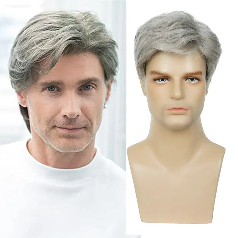 Men's wig 6 inches handsome shaggy short hair gray synthetic fiber matte high temperature silk head cover