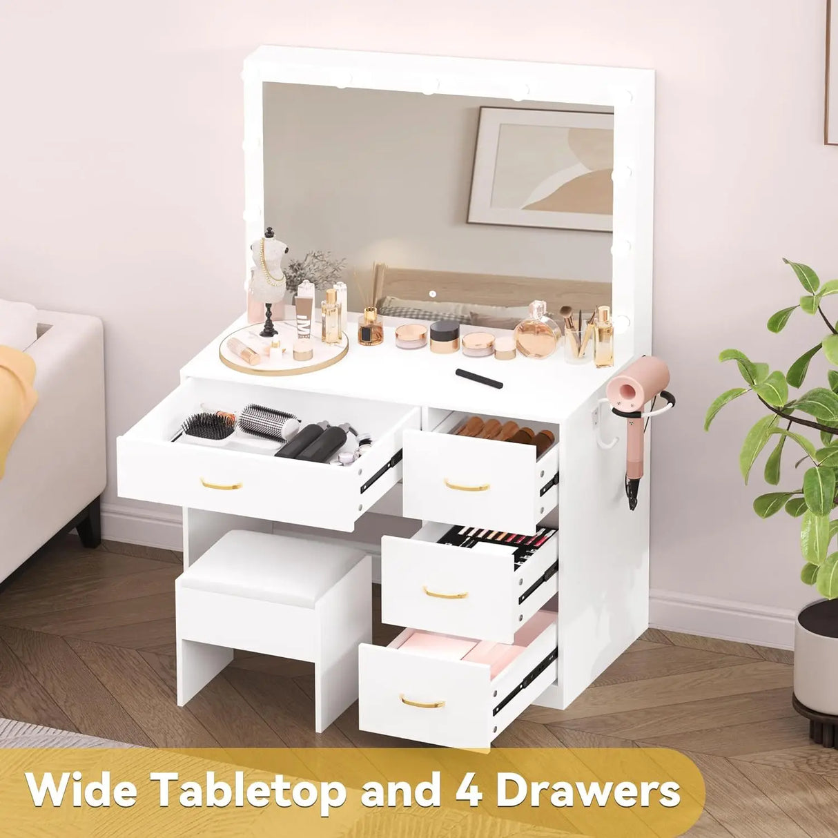 DWVO Makeup Vanity with Large Lighted Mirror, Vanity with Power Outlet, 3 Color Lighting Modes, Adjustable Brightness, 4 Drawers