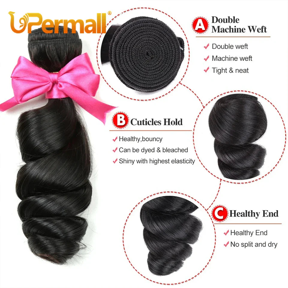 Upermall 3/4 Loose Wave Bundles with Closure Brazilian Remy Human Hair Weave HD Transparent 4x4 5x5 Lace Closure and Bundle Soft