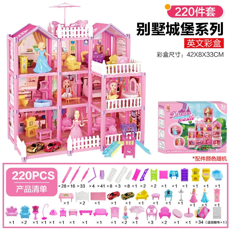 Kids Toy Simulation Doll House Villa Set Pretend Play House Assembly Toys Princess Castle Bedroom Girls Gift Toy For Children