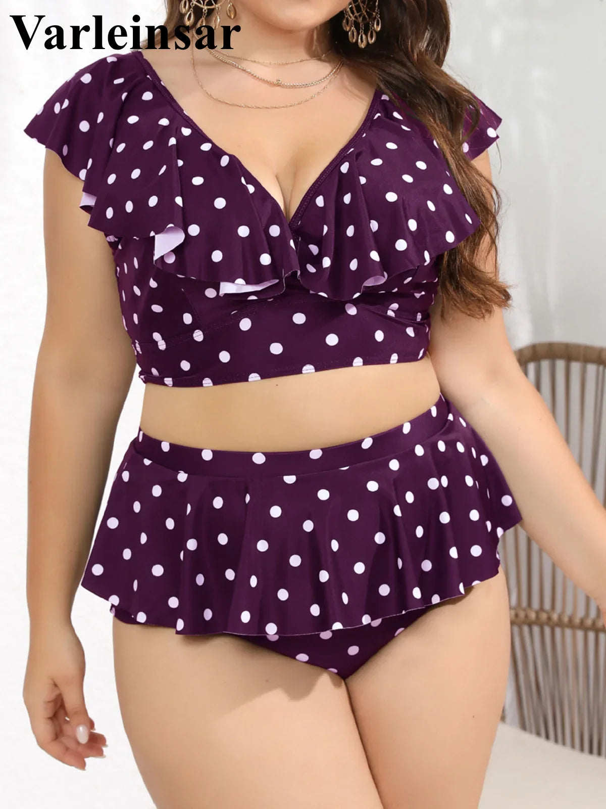 0XL - 4XL Polka Dots Bikini Large Size Swimwear Plus Size Women Swimsuit Female Two-pieces Bikini set Bather Bathing Suit V3745