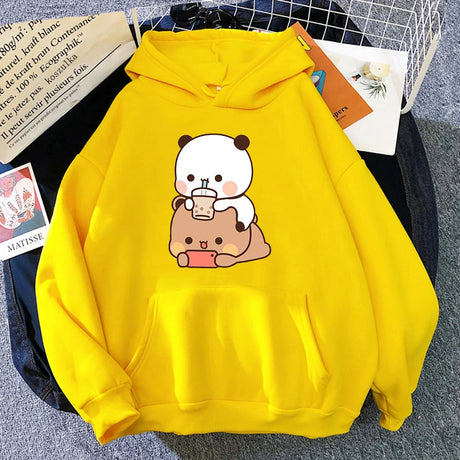 Bubu And Dudu Drink Bubble Tea Print Women Hoodie Kawaii Female Sweatshirt Harajuku Loose Long Sleeve Plus Size Clothes Tops