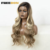 FREEDOM Synthetic Lace Front Wigs for Women C Part Wig Ombre Brown Rose Red Color Body Wave Lace Wigs Highlight Cosplay Wig