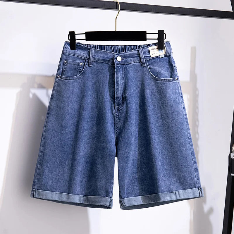 150Kg Plus Size Women's Five-Point Denim Shorts Hip 150 Summer High-Waist Loose Wide Leg Pants Blue Black 5XL 6XL 7XL 8XL 9XL