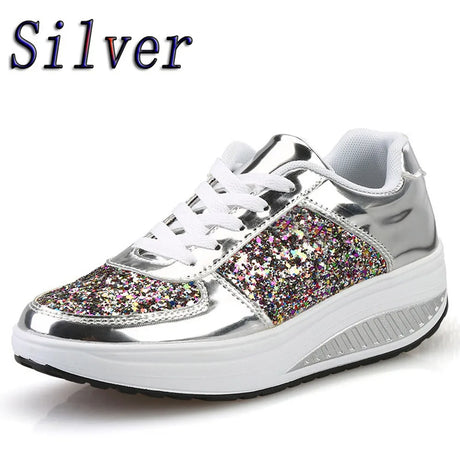 Fashion Ladies Women'S Shoes Sport Sequins Wedges Shoes Shake Silver Comfortable Sport Jogging Tennis Lace-Up Running Sneakers